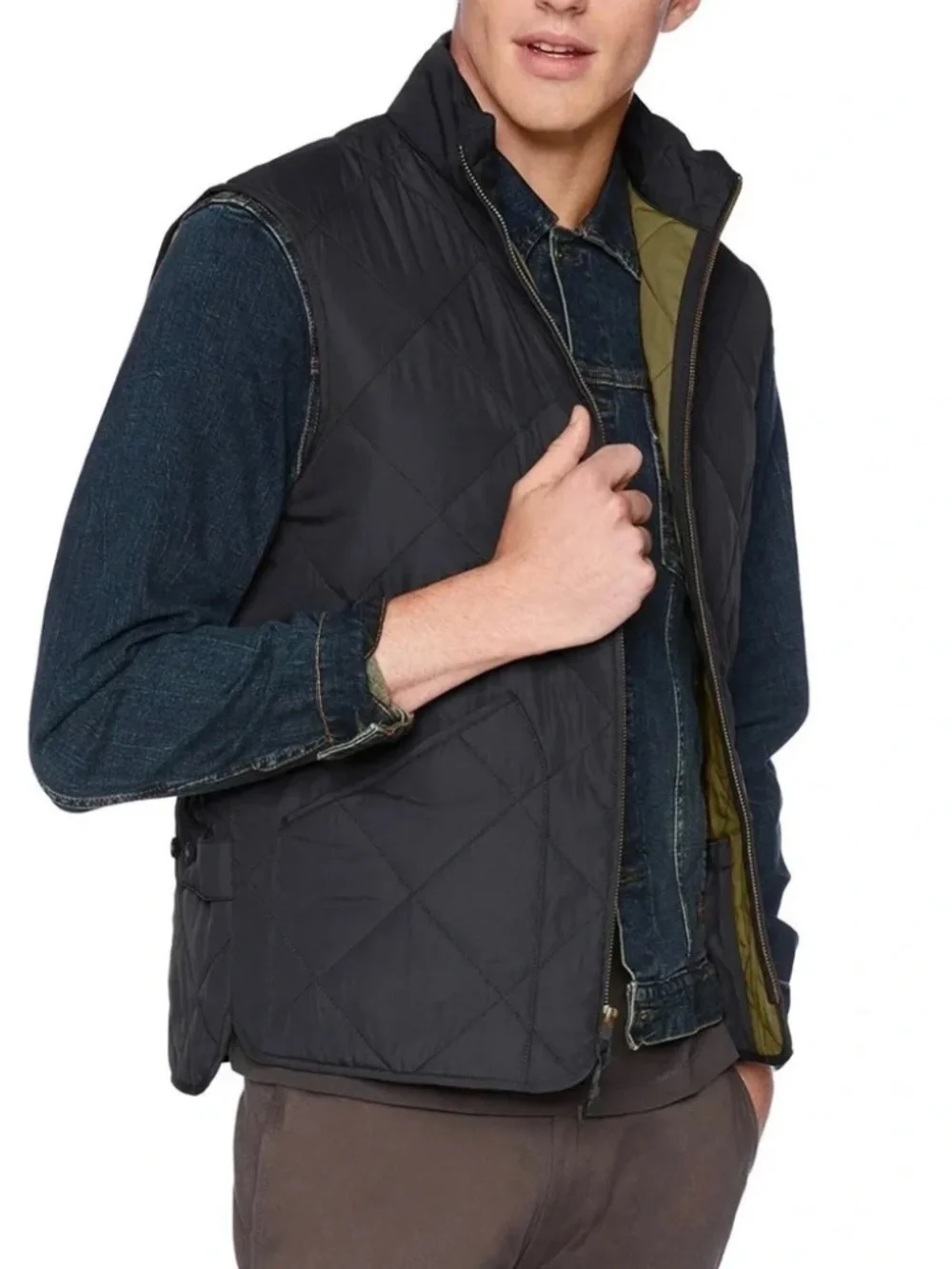 J Crew Mercantile Walker Mens Vest Quilted Black with Olive Green Lining